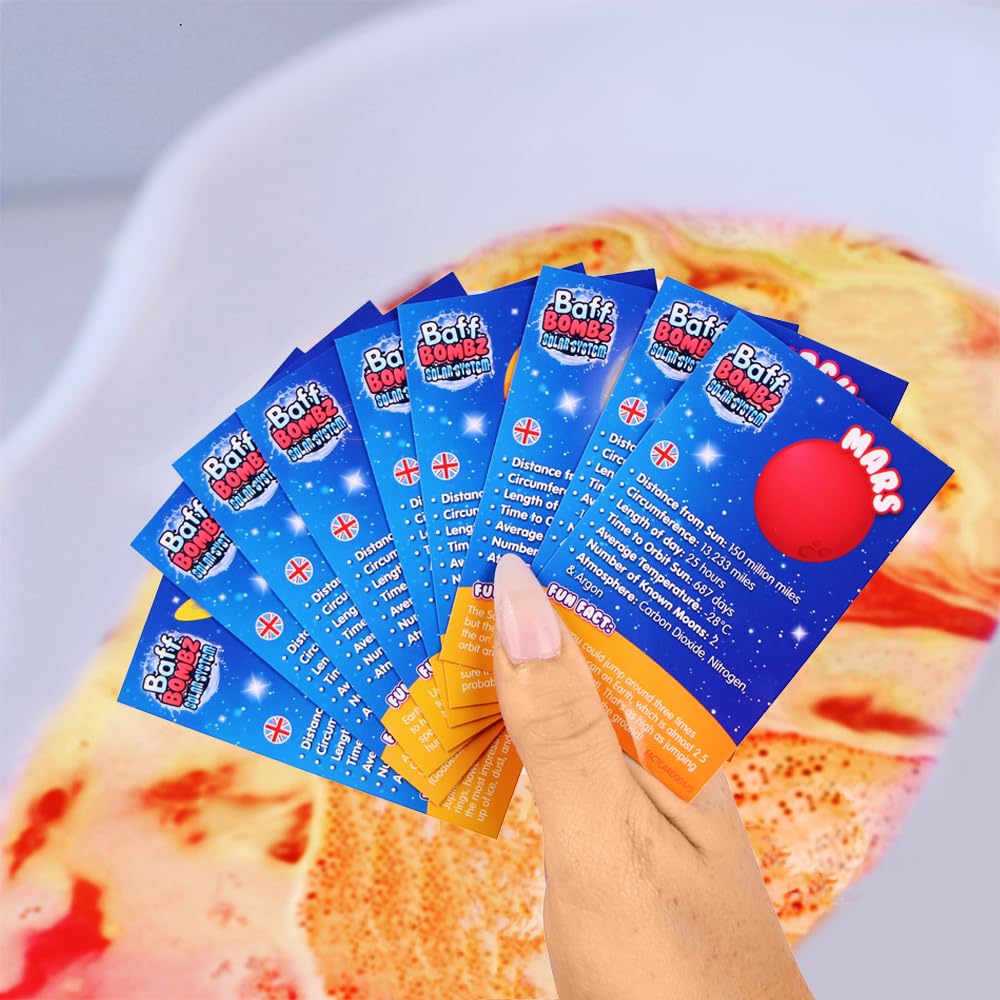 ZIMPLI 9 x Solar System Baff Bombz & 9 x Planetary Fact Cards | Educational Bath Toys | Strawberry Scented 6