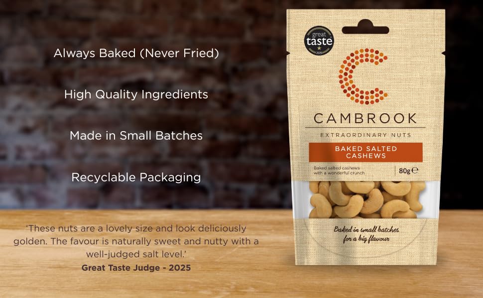 C Cambrook Extraordinary Nuts Baked & Salted Cashews - Baked in Sunflower Oil | 80g Bag | Vegan Friendly