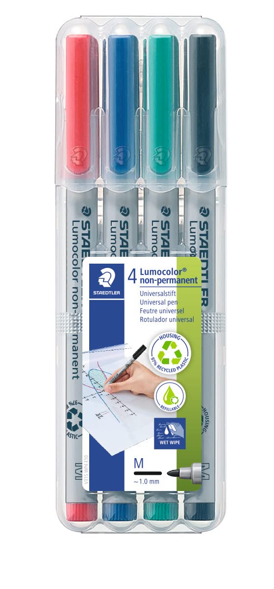 STAEDTLER Lumocolor 315 WP4 Non-Permanent Pen - Medium 1.0mm Line Width, Assorted Colours (4 Pack)