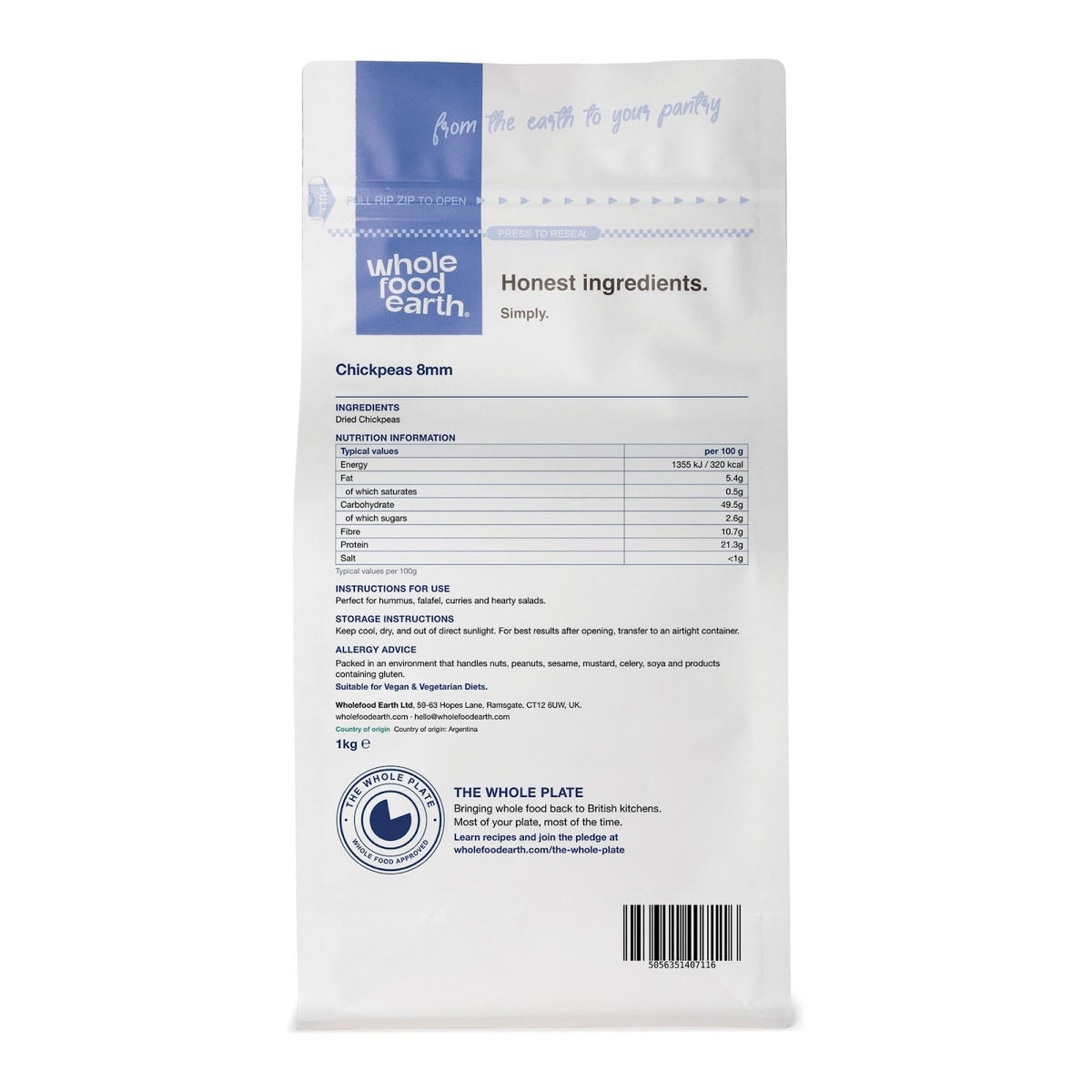Wholefood Earth Dried Chick Peas 1kg | GMO Free
