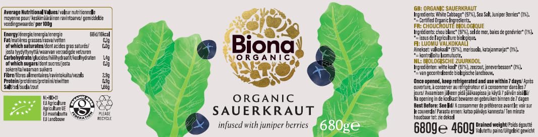 Biona Organic Sauerkraut 680g - Juniper Berries - Naturally Fermented 7
