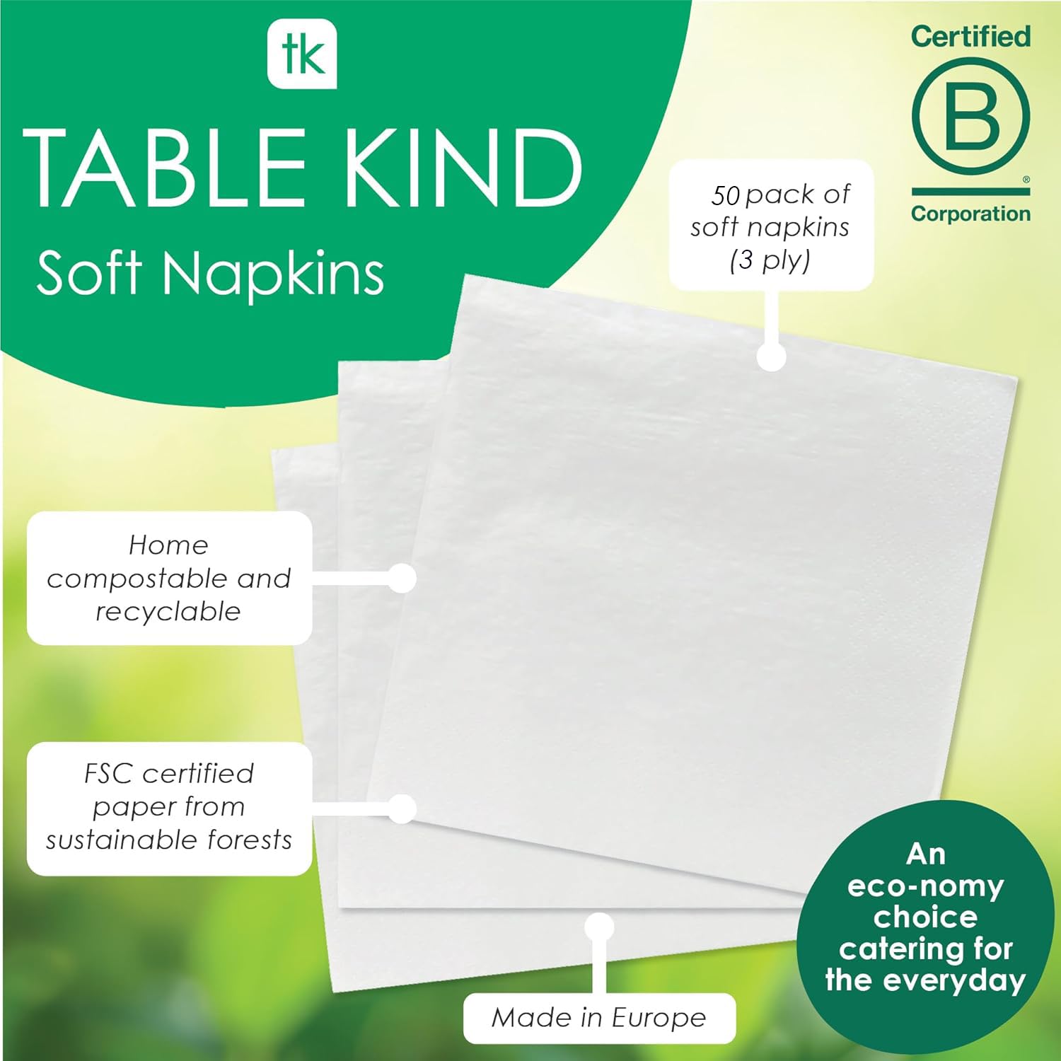 Talking Tables Table Kind 50 x Soft White 3-Ply Napkins, 33cm Eco-Friendly Compostable Serviettes 3