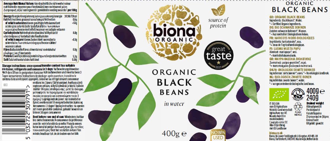 Biona Organic Black Beans - Pre-Cooked & Ready to Eat | 400g Cans | Pack of 4