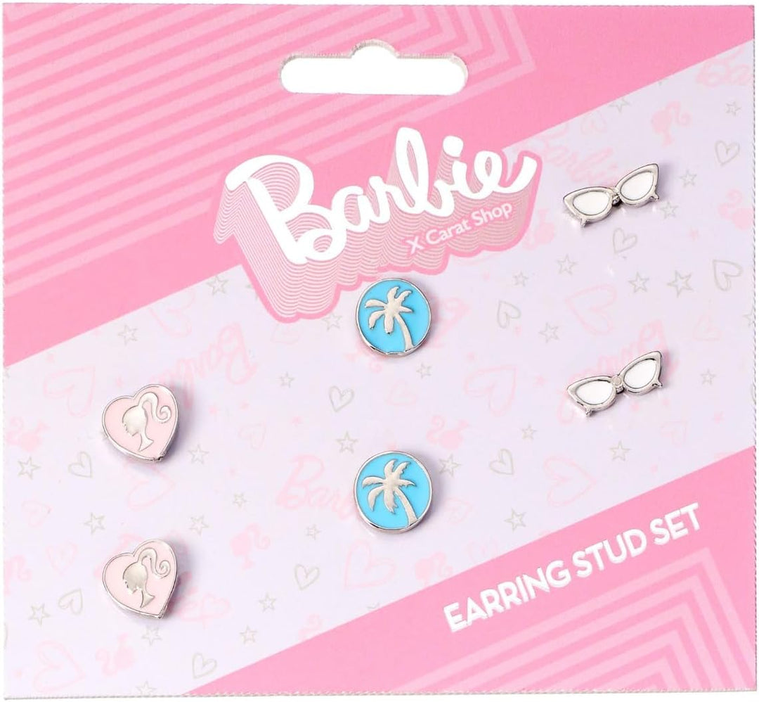 Barbie Set of Three Classic Stud Earrings - Barbie Silhouette, Palm Tree, and Glasses Designs - Zinc, Nickel-Safe, Cadmium & Lead-Free