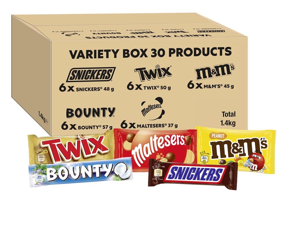 Gemischte Schokoladenschachtel mit Snickers, Twix, M&M's Peanuts, Maltesers und Bounty – 30 Riegel in voller Größe