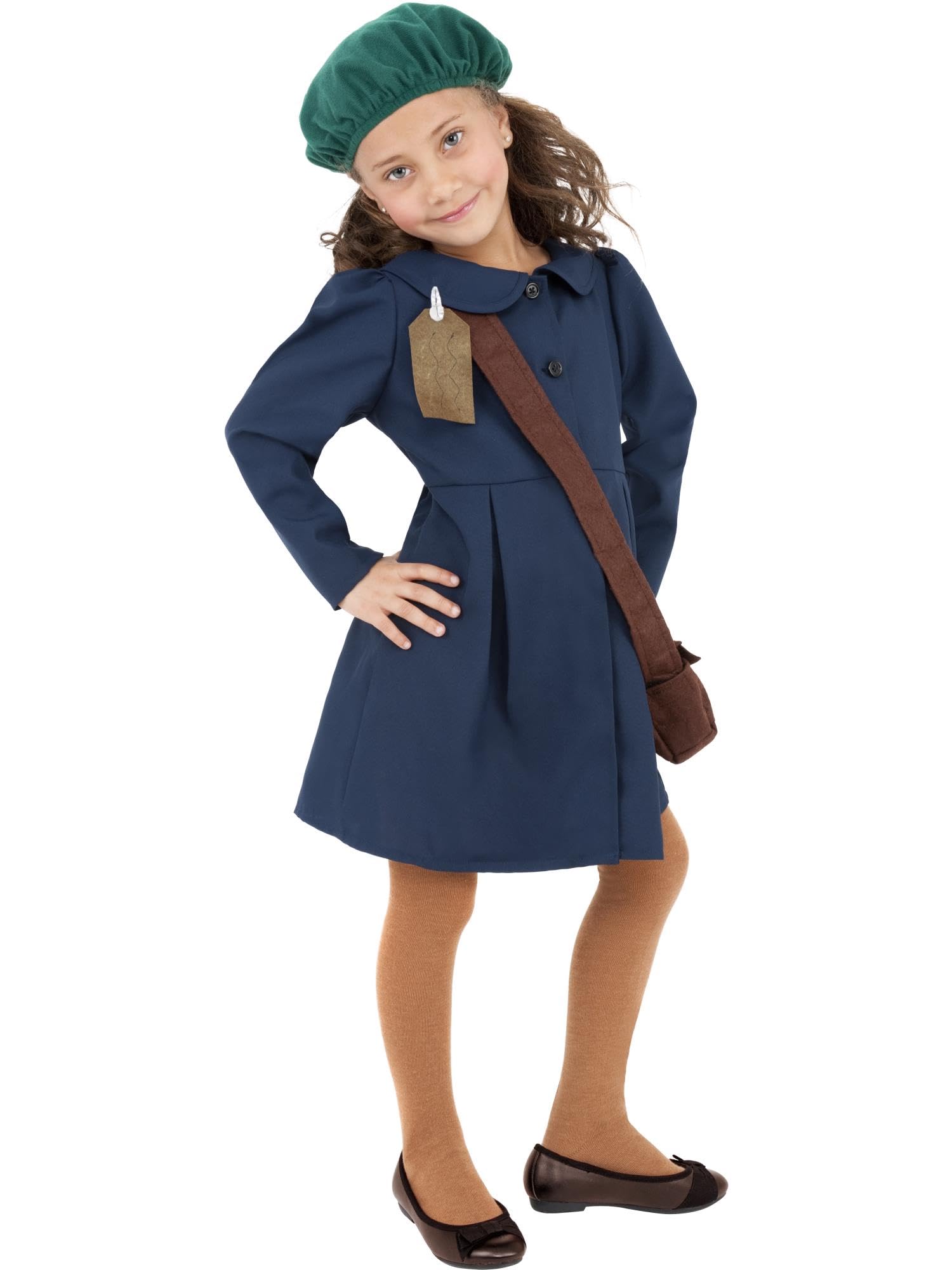Smiffys World War II Evacuee Girl Costume - Blue Dress, Hat & Bag, Ages 7-9 1