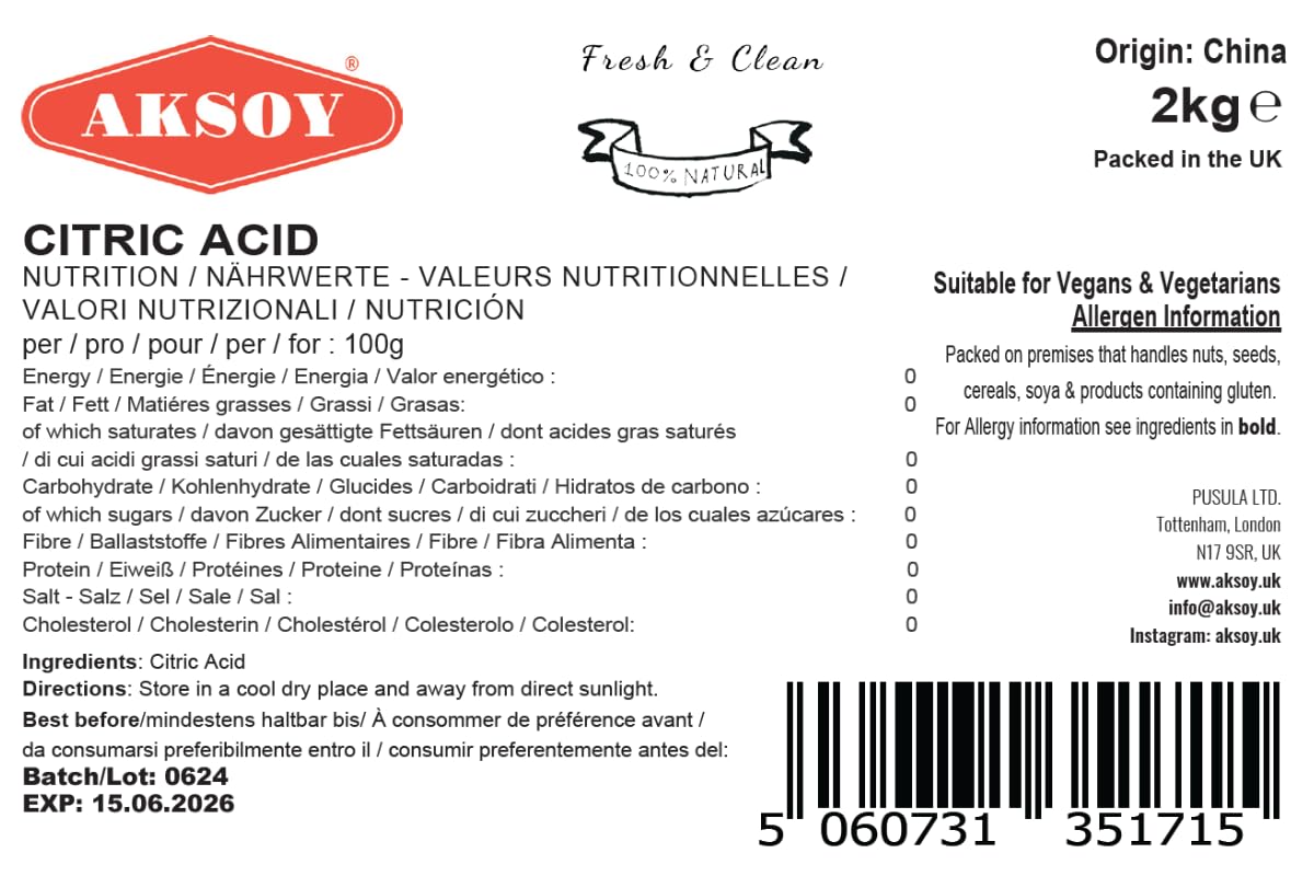 AKSOY Food Grade Citric Acid - Non-GMO De-Scaler & Cleaner | 2 kg Granule 6