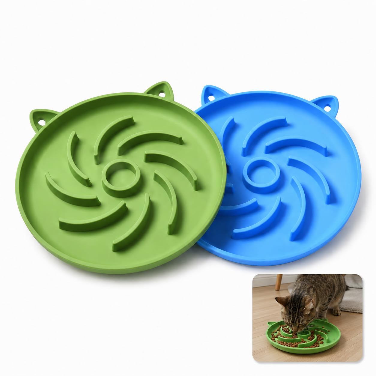 JADUFHU Silicone Slow Feeder Cat Bowl - Promotes Healthy Eating | 2 Pack | Green & Blue