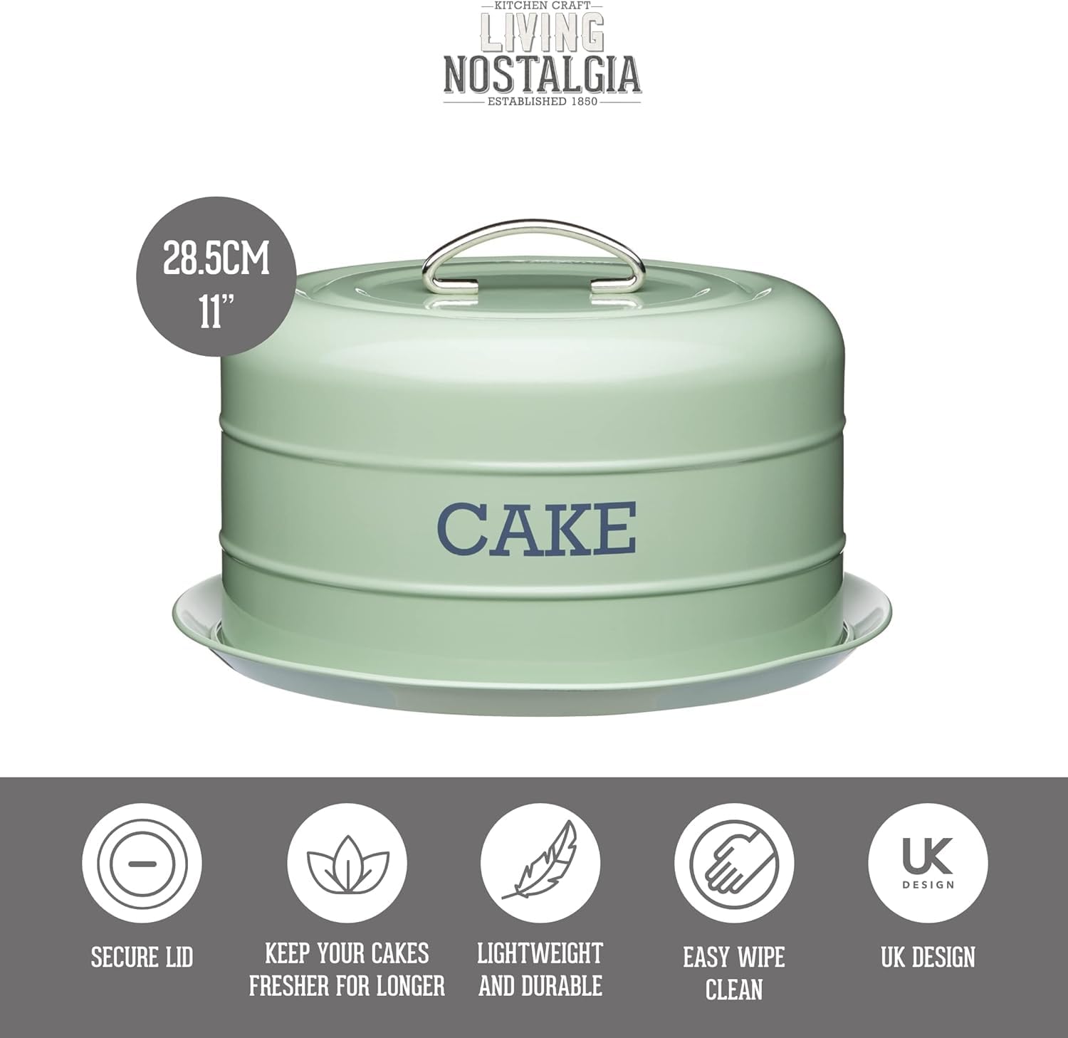 KitchenCraft Living Nostalgia Cake Storage Tin - Airtight Cake Dome, 28.5 x 18 cm, English Sage Green 3