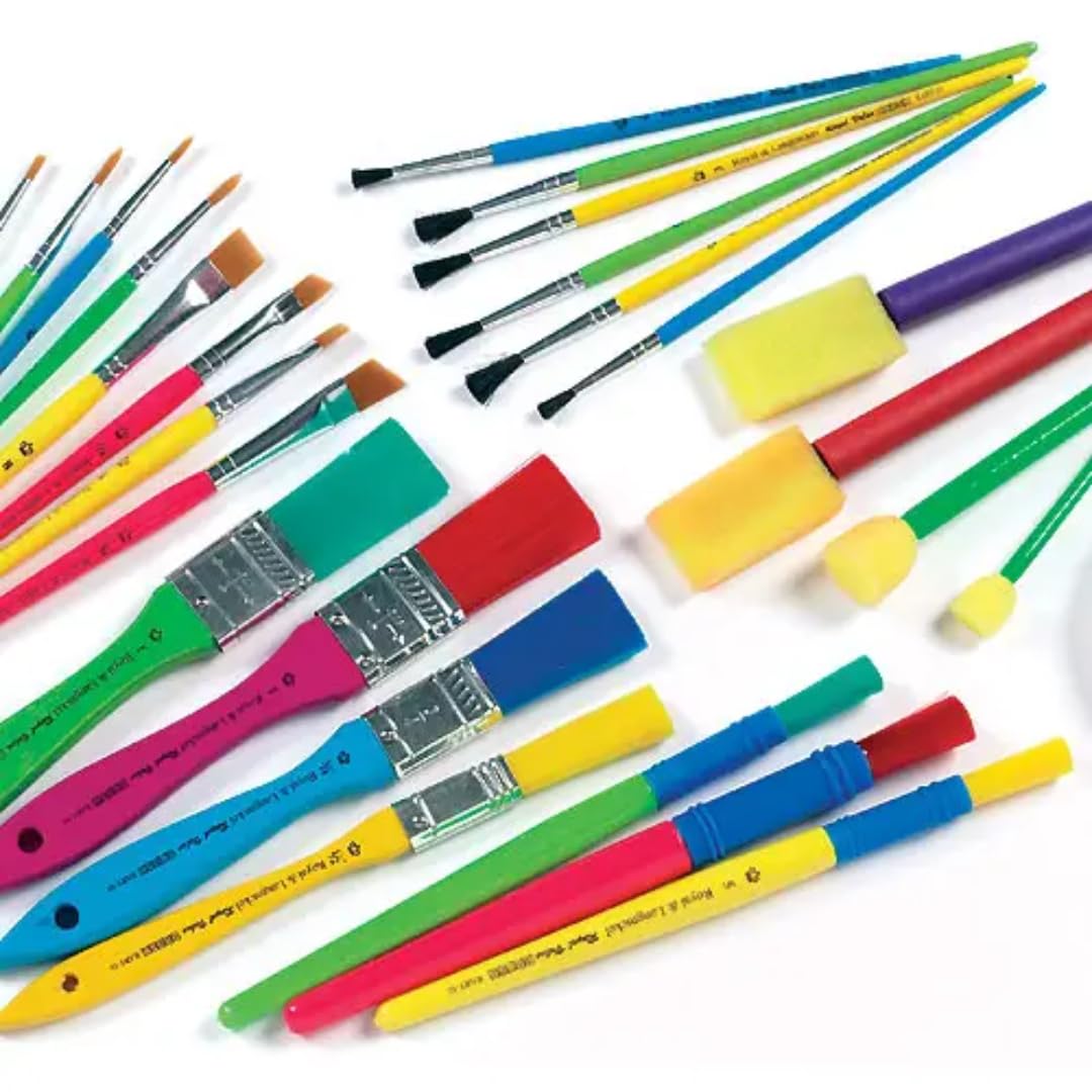 Baker Ross Kids Paint Brush Set - 25 Assorted Brushes and Foam Dabbers