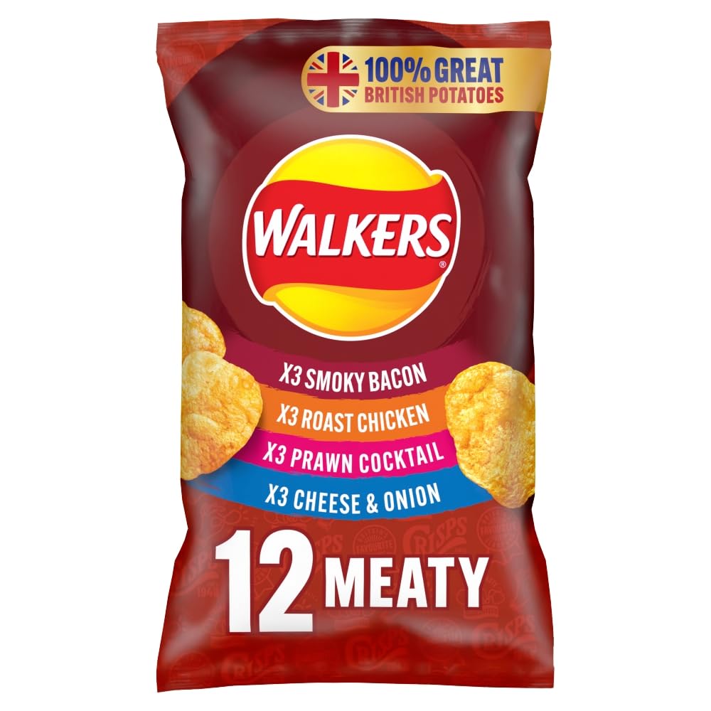 Walkers Meaty Variety Multipack Chips 12x25g - Geräucherter Speck, Brathähnchen, Krabbencocktail, Käse und Zwiebeln