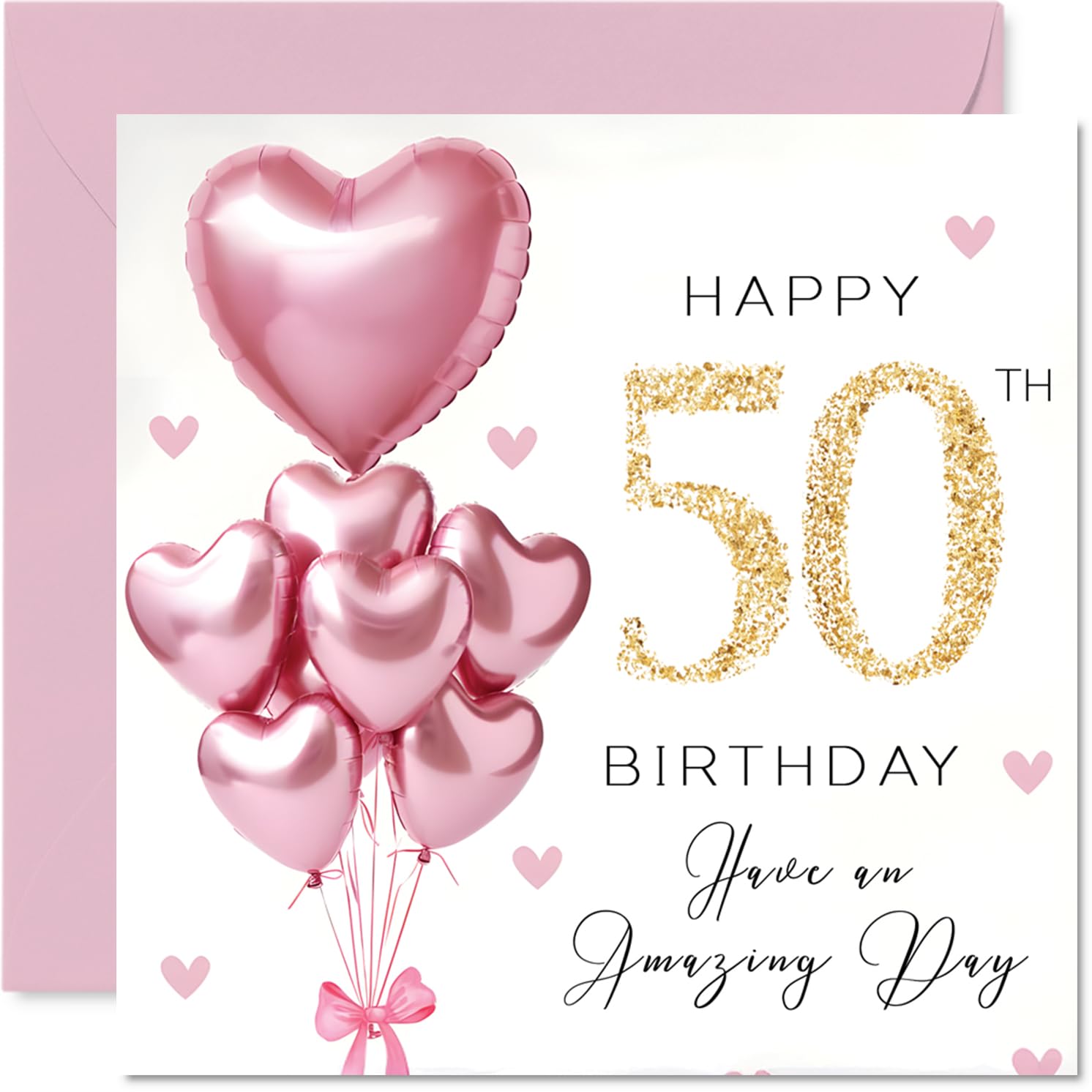 Stuff4 50th Birthday Card for Women - Pink Glitter Balloons | 145mm x 145mm | Blank Inside