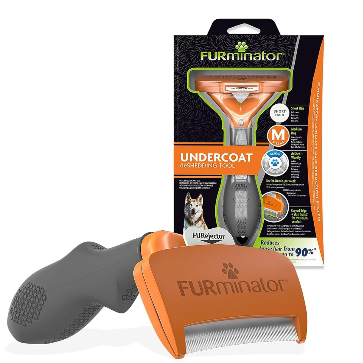FURminator Undercoat deShedding Tool - Medium Short Hair Dogs (9-23 kg) | Orange/Grey | Size M