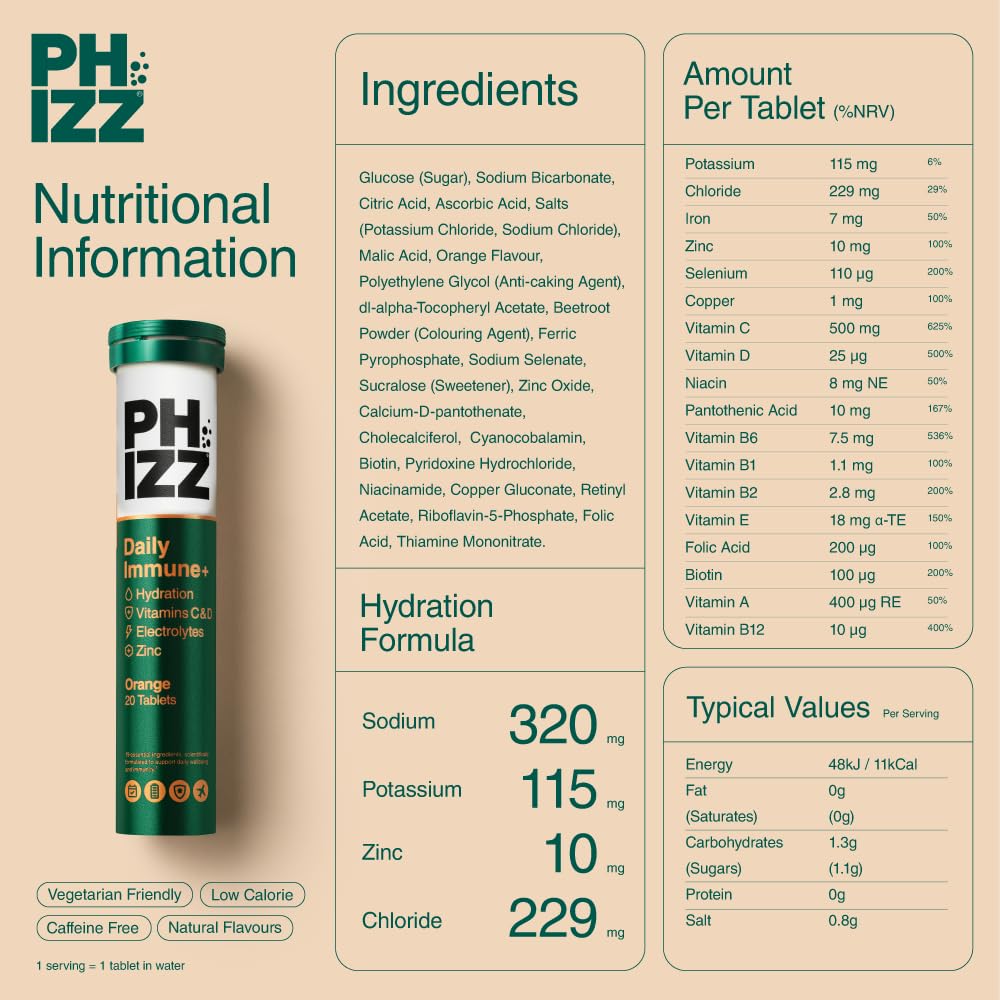 Phizz Daily Immune+ Orange Effervescent Tablets - Hydration, Immunity, Electrolytes & Vitamins - 20 Count 8