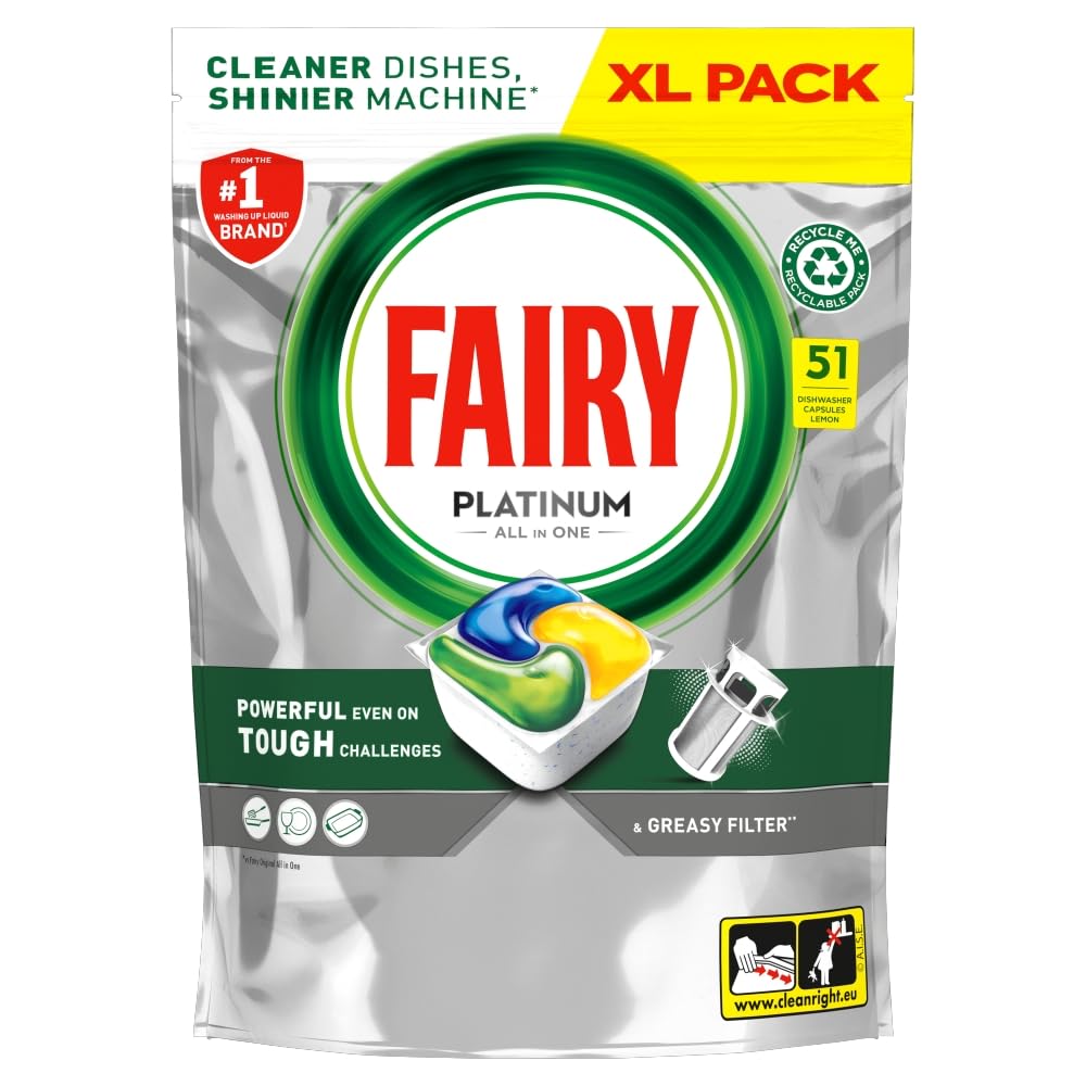 Fairy Platinum Lemon All-In-1 Dishwasher Detergent Tablets - 51 Count Bulk Pack | Grease Prevention