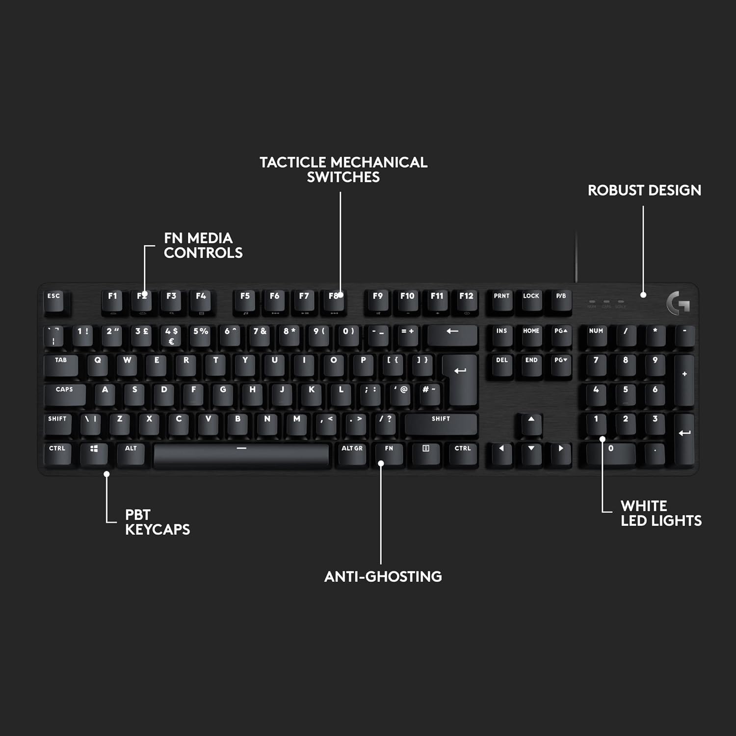 Logitech G413 SE Mechanische Gaming-Tastatur in voller Größe – Schwarze kabelgebundene Tastatur mit Hintergrundbeleuchtung und taktilen Schaltern