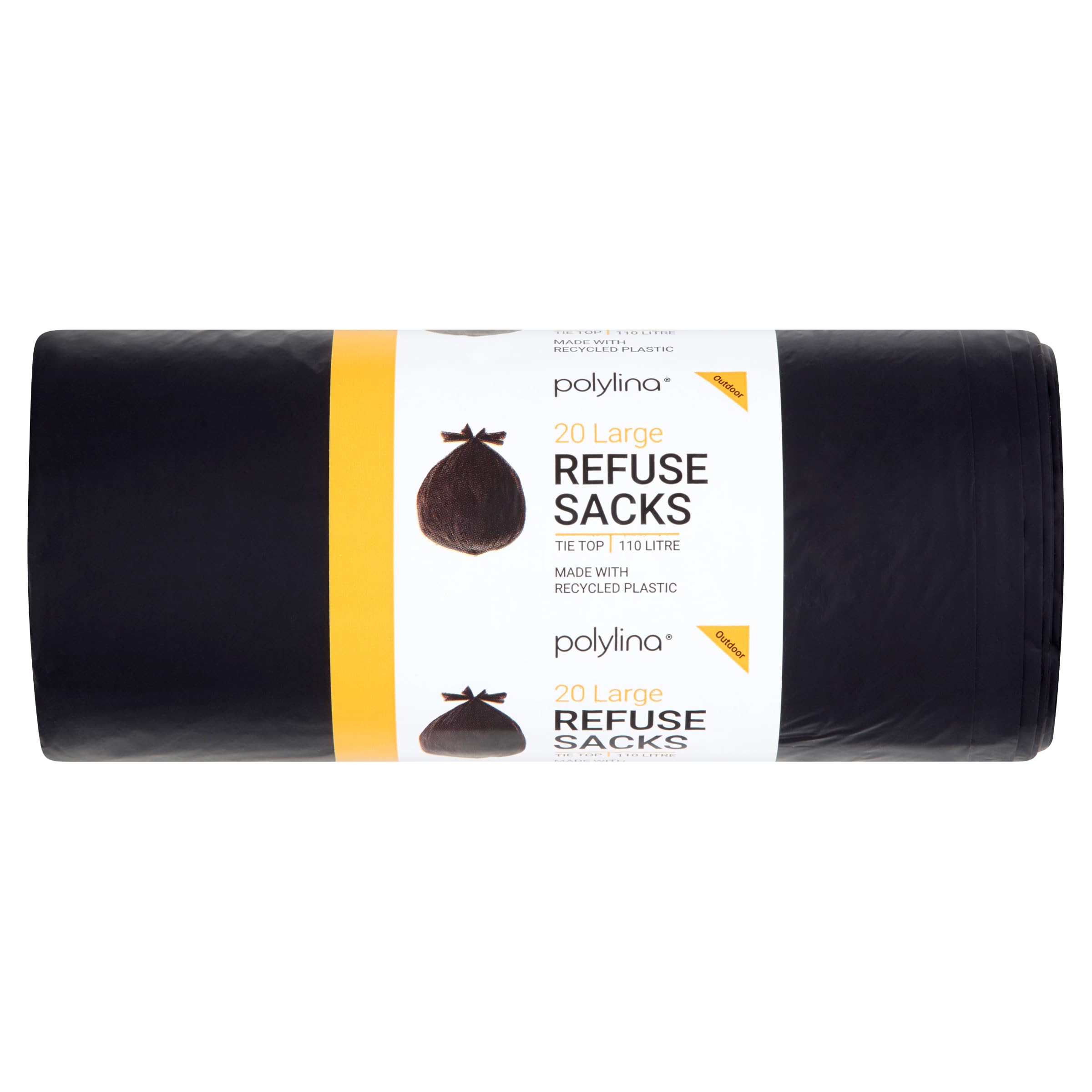 Polylina 20er-Packung 110 l strapazierfähige Müllsäcke mit Bindeverschluss, schwarz, hergestellt in Großbritannien aus recyceltem Kunststoff