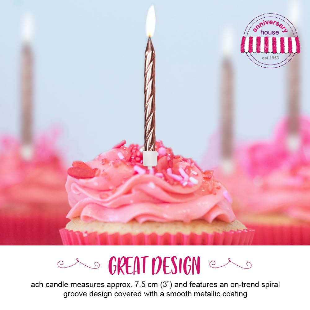 Anniversary House Pack of 12 Rose Gold Metallic Spiral Birthday Candles with Holders | 7.5cm Tall 7