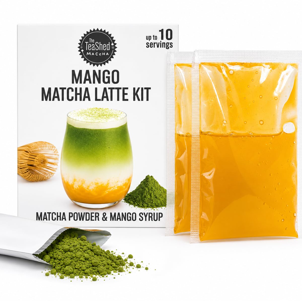 The TeaShed Mango Matcha Latte Kit - Makes 10 Drinks | 10g Matcha Powder, Mango Syrup 2