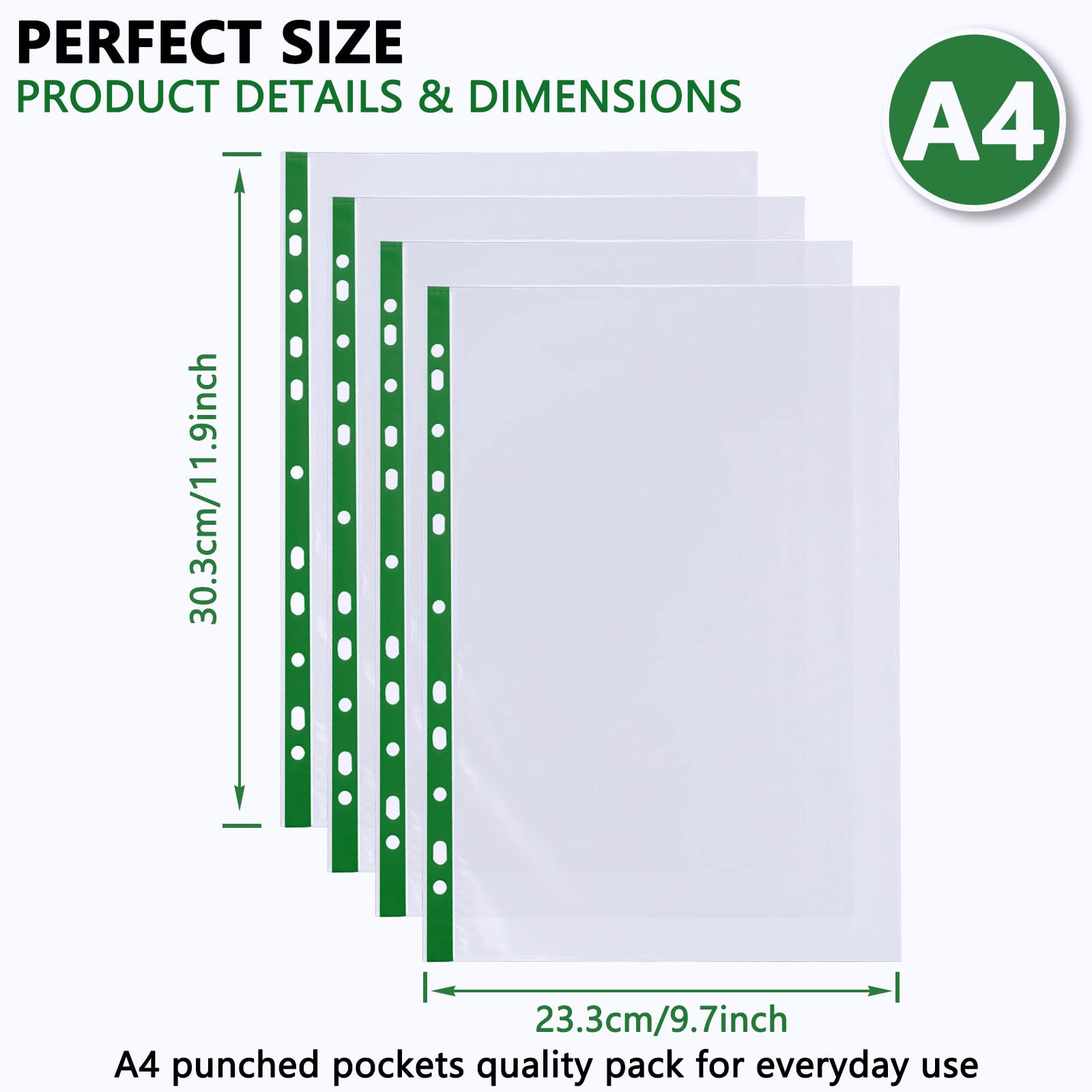 ASelected 100 PCS A4 Punched Poly Pockets - Clear Plastic File Folders | 15 Sheet Capacity