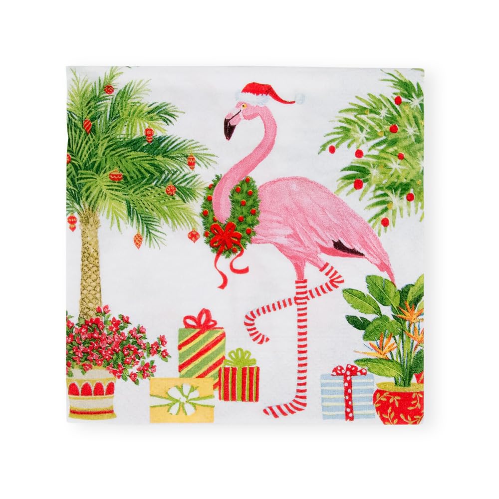 Caspari Christmas Flamingos Triple-Ply Cocktail Napkins, 20-Pack