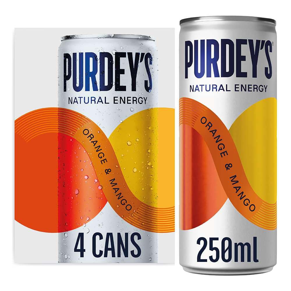 Purdey's Natural Energy Orange & Mango Juice - 250ml Can (Pack of 4) | Natural Caffeine & B Vitamins 1