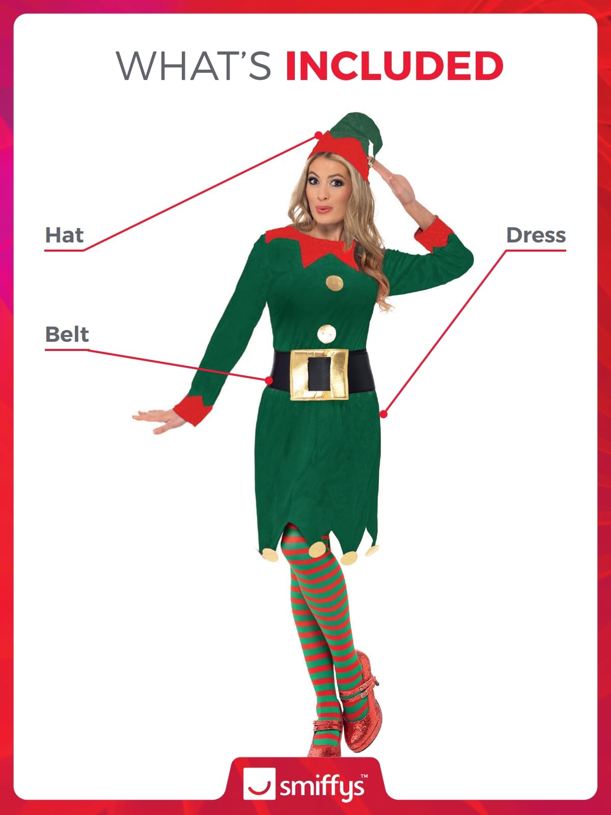 Smiffys Elf Costume - Green Dress with Hat & Belt, Adult Christmas Fancy Dress 9