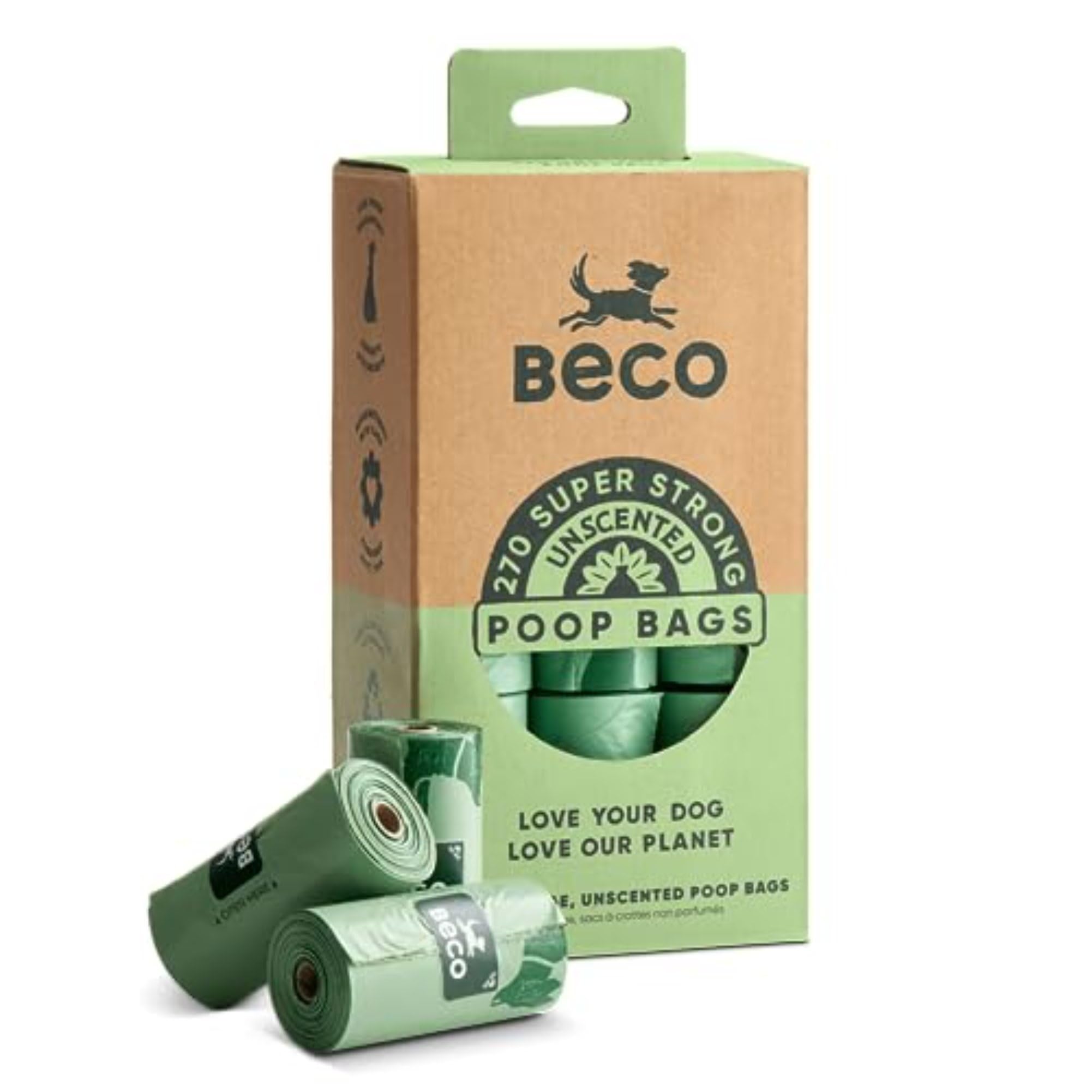 Beco Strong & Large Poop Bags - 270 Bags (18 Rolls) - Unscented | Leakproof | Recycled Material