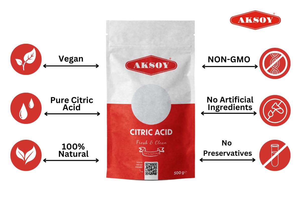 AKSOY Food Grade Citric Acid - 500g Anhydrous Granules | Non-GMO De-Scaler 7