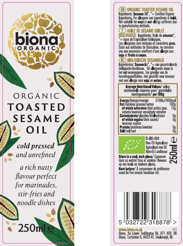 Biona Organic Toasted Sesame Seed Oil - Cold Pressed Unrefined | 250ml 2