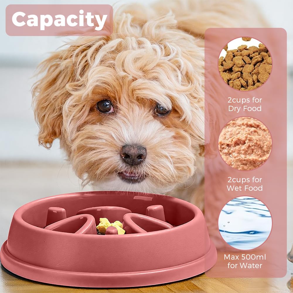 Woobroo Slow Feeder Dog Bowl - Anti-Choking Puzzle Design | Holds Up to 2 Cups | Pink 7