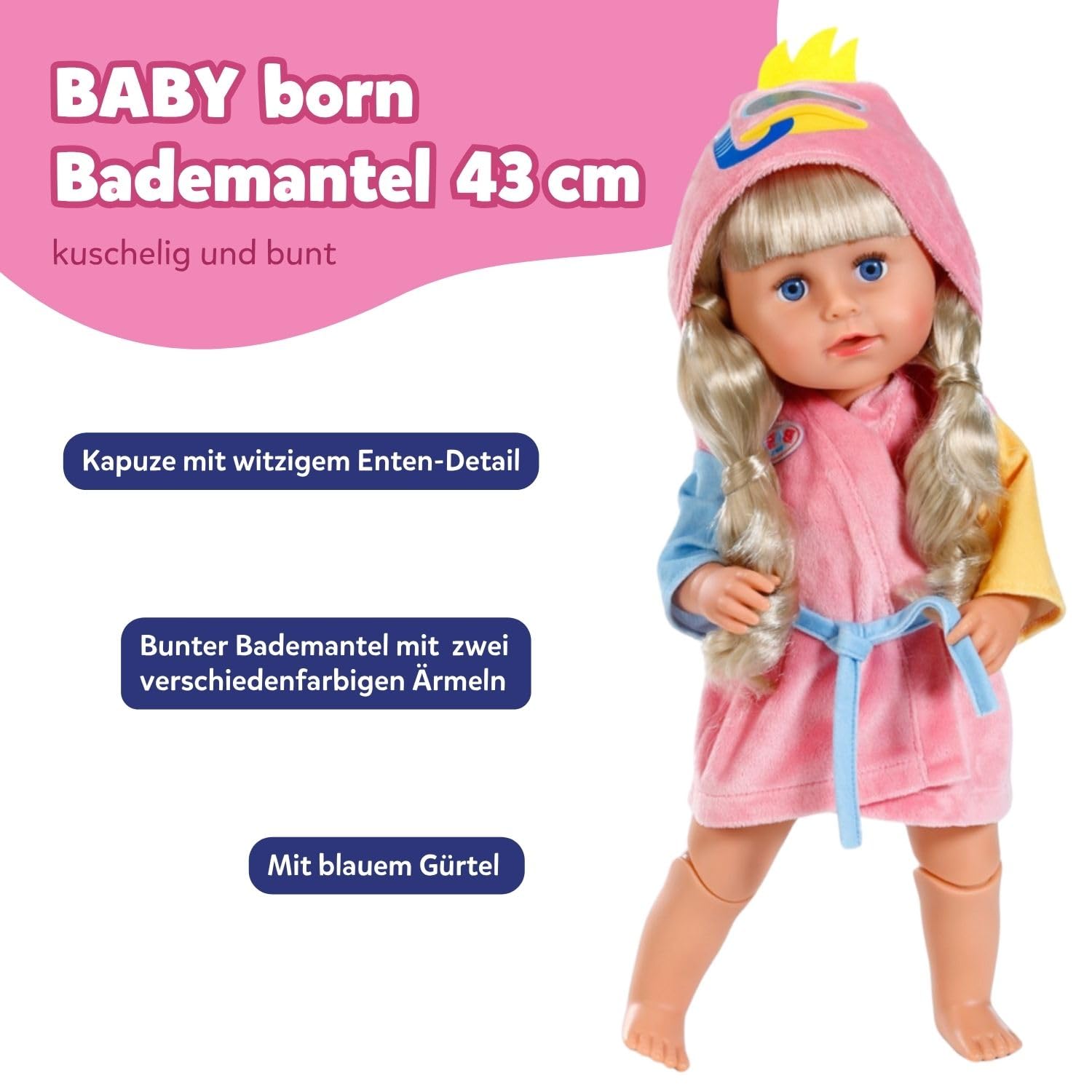 BABY born Bathrobe for Bath Time Doll Play - Pink Robe with Hood and Belt