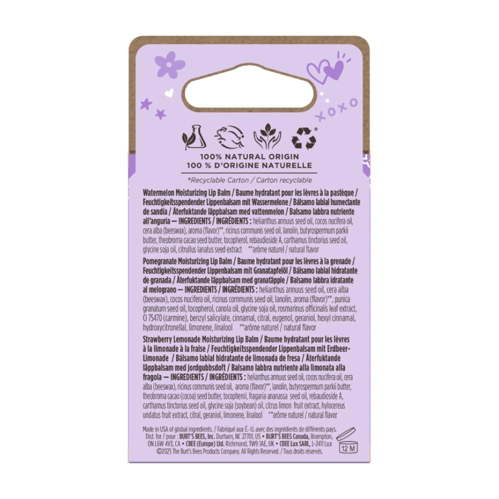 Burt's Bees Lip Balm Trio - Watermelon, Pomegranate & Strawberry Lemonade | All Natural Ingredients, Long-Lasting Moisture