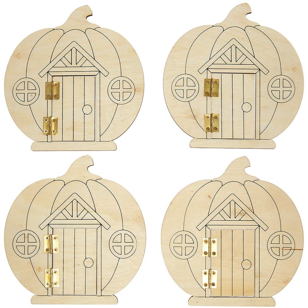Baker Ross FX250 Pumpkin Wooden Fairy Doors - Pack of 4 Halloween Craft Kit