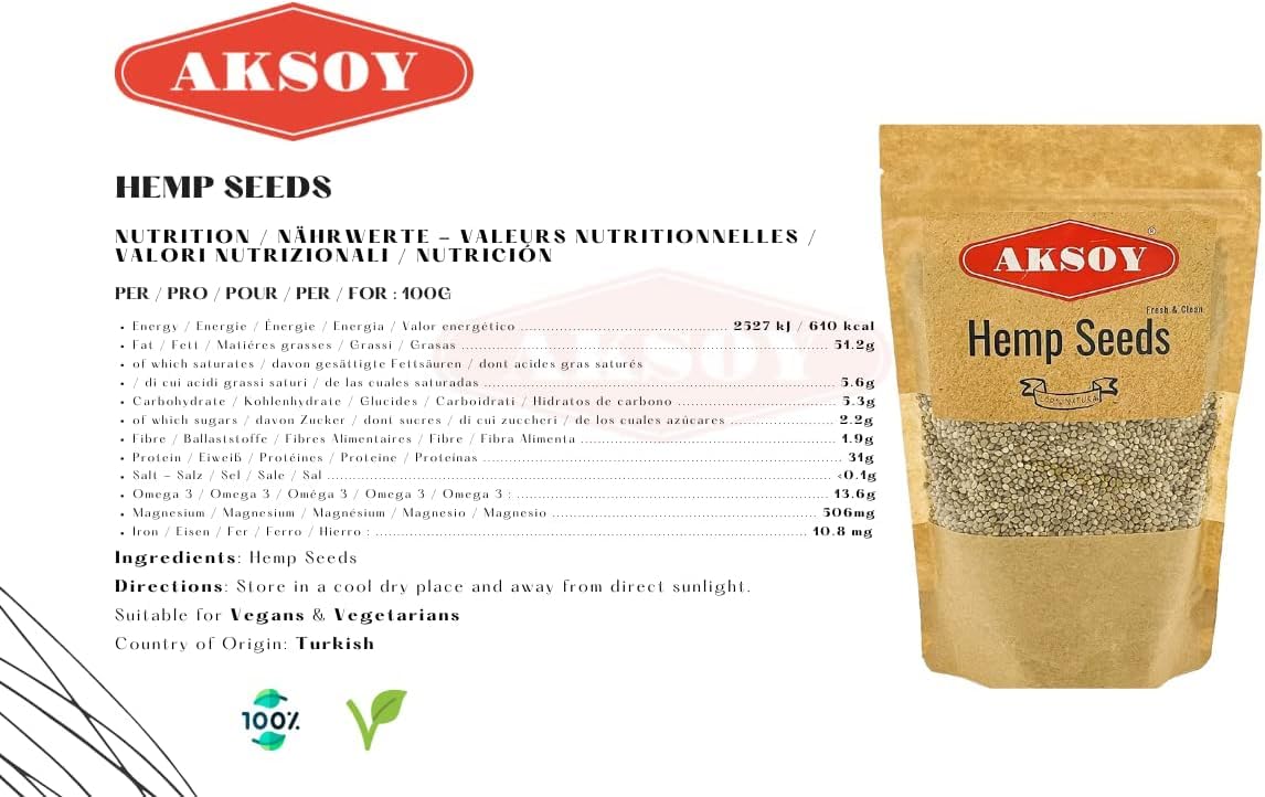 AKSOY Whole Hemp Seeds - Complete Protein Source | 625g | Rich in Omegas 3 & 6 6