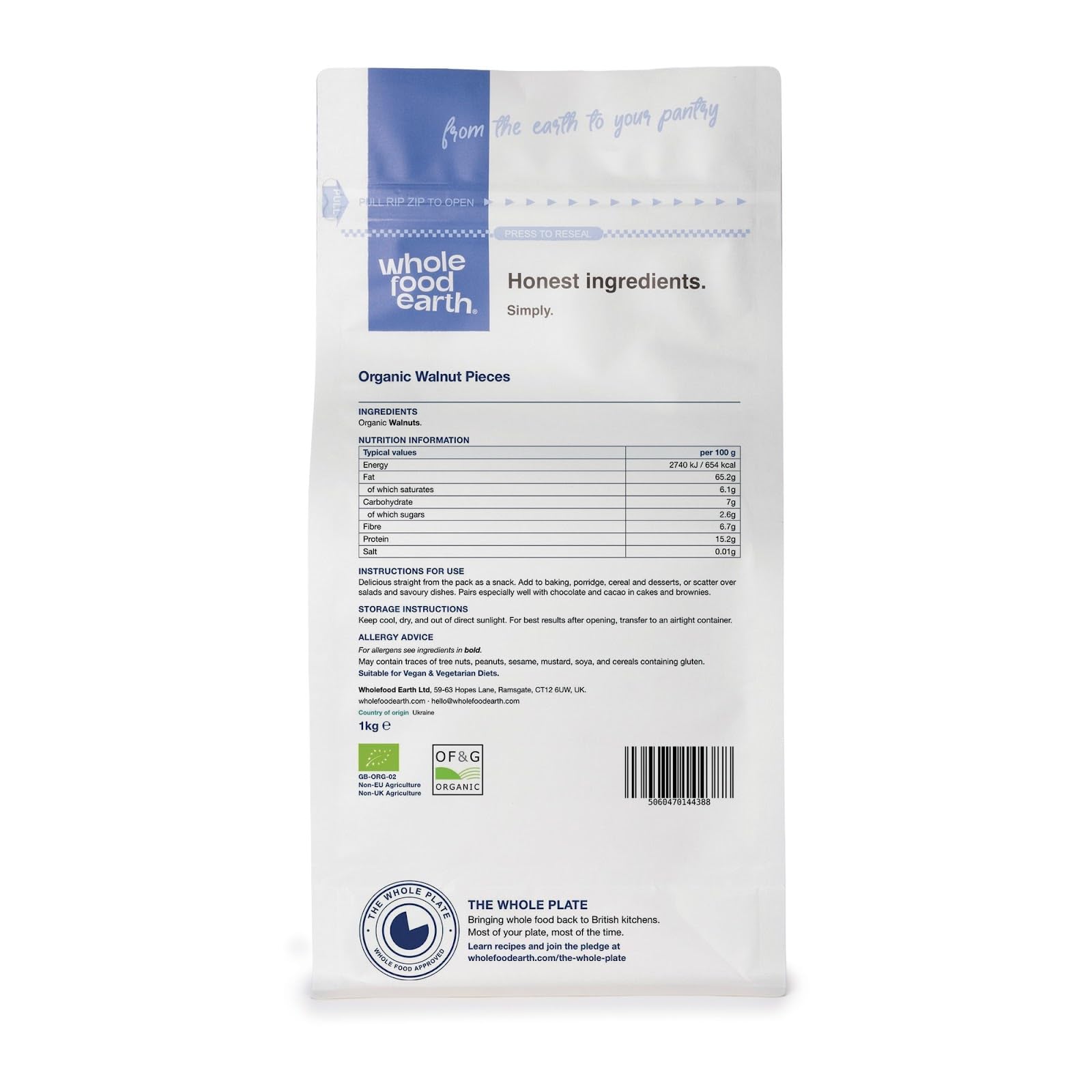 Wholefood Earth Organic Large Walnuts Pieces - Raw | Skin-On | 1kg