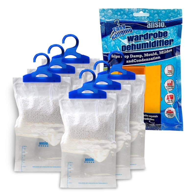 ANSIO Wardrobe Dehumidifier Disposable Hanging Bags - Pack of 6 | Removes Damp & Condensation 1