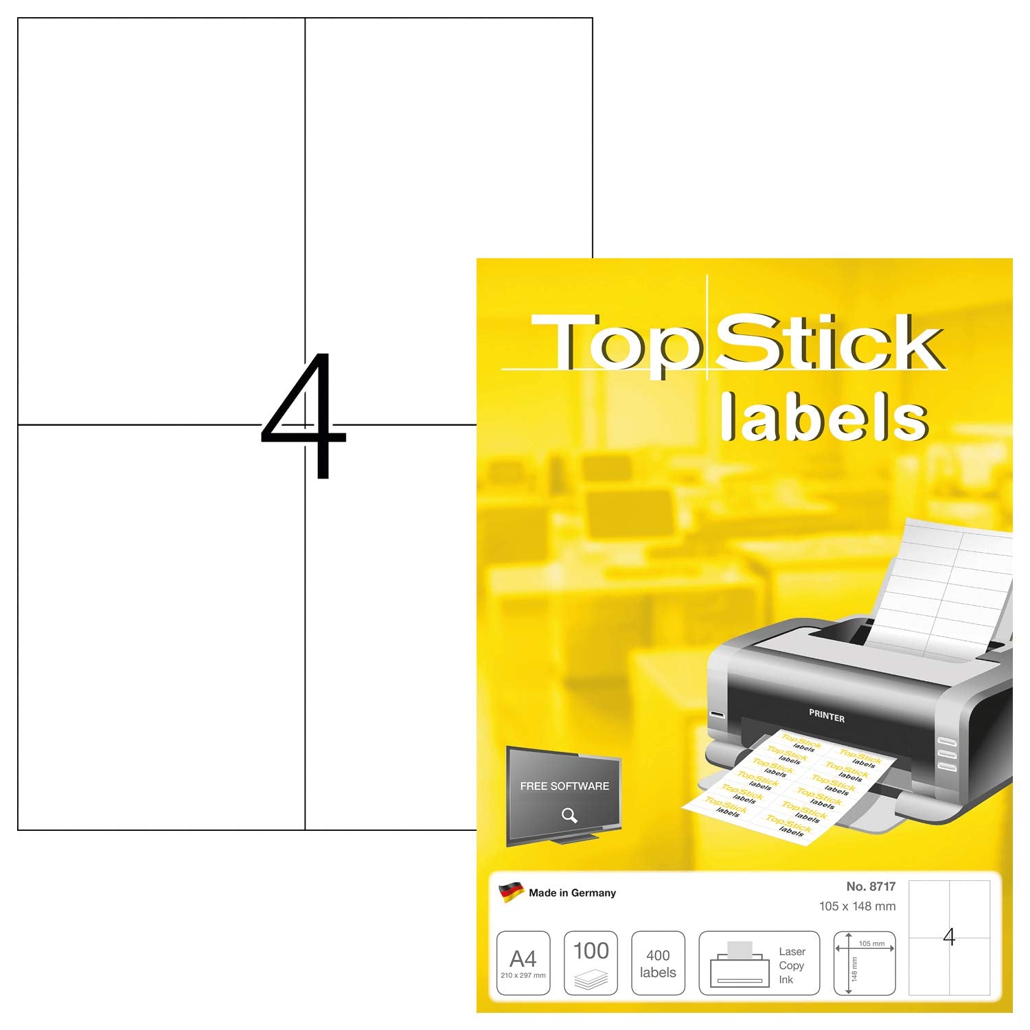 TopStick 8717 Parcel Shipping Labels - 4 Labels per A4 Sheet, 105 x 148 mm | 100 Sheets