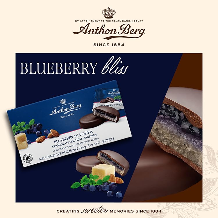 Anthon Berg Dark Chocolate Covered Marzipan Treats with Blueberry in Vodka, 220g