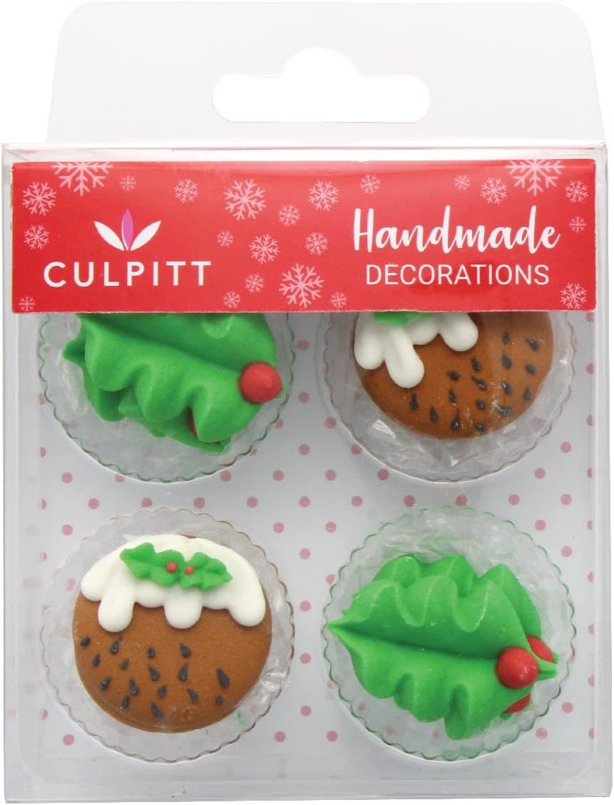 Culpitt - Holly & Christmas Pudding Edible Royal Icing Cake Toppers, Pack of 12