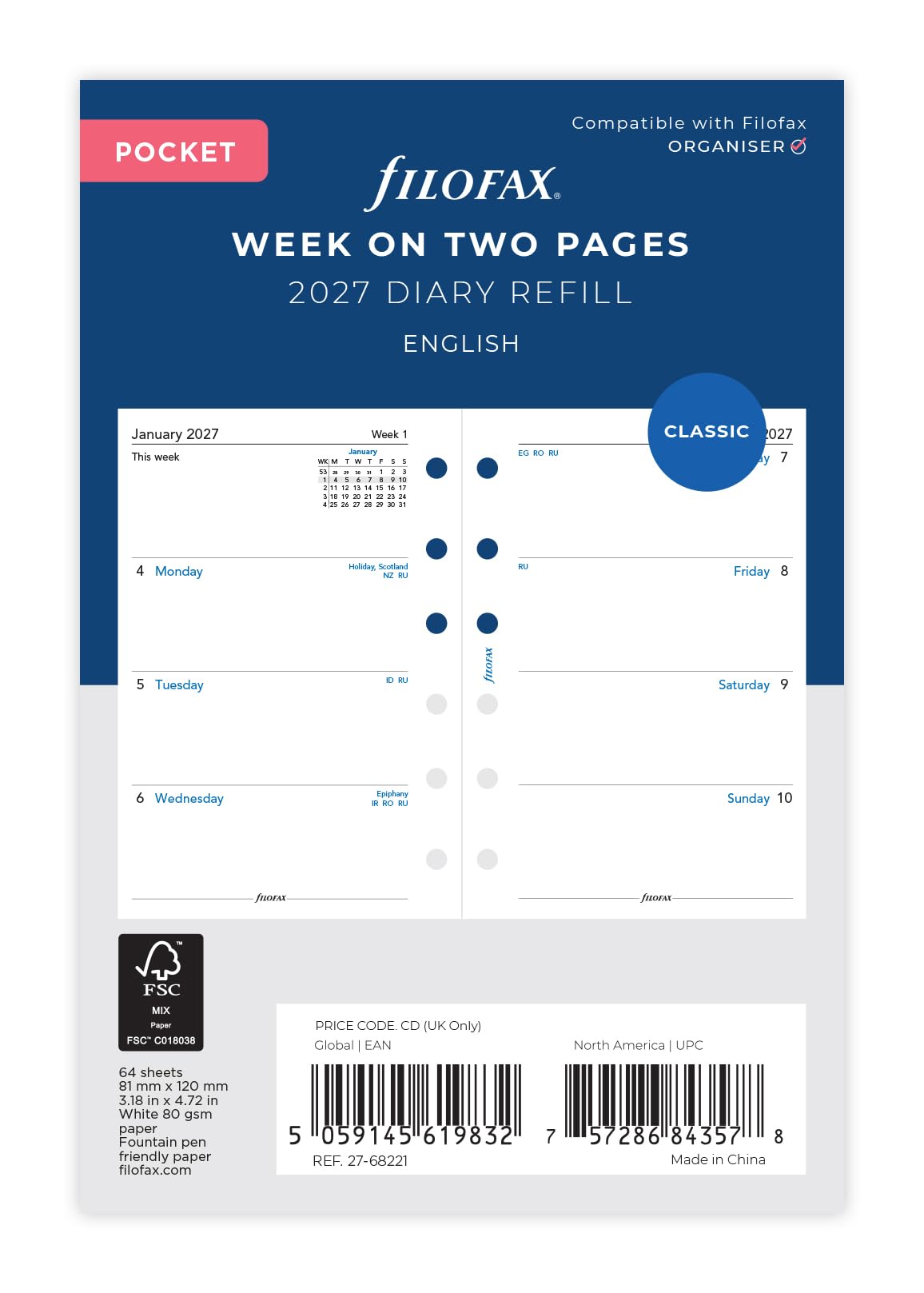 Filofax Pocket 2027 Diary Refill - Week on Two Pages | English | 81mm x 120mm 1