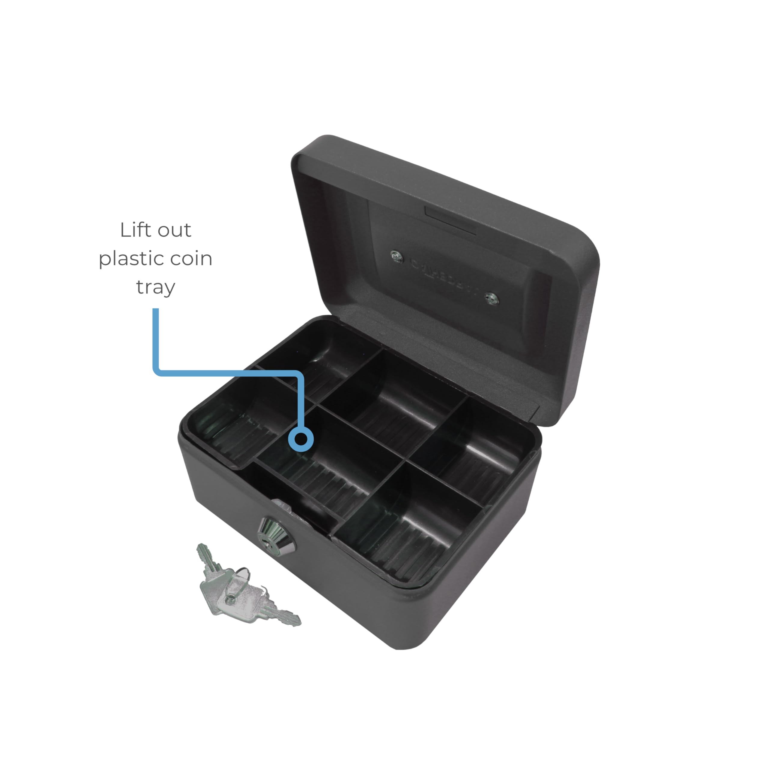 Cathedral Products Key Lockable Cash Box - 6 Inch - Black | Durable Steel | 6 Compartment Tray 3