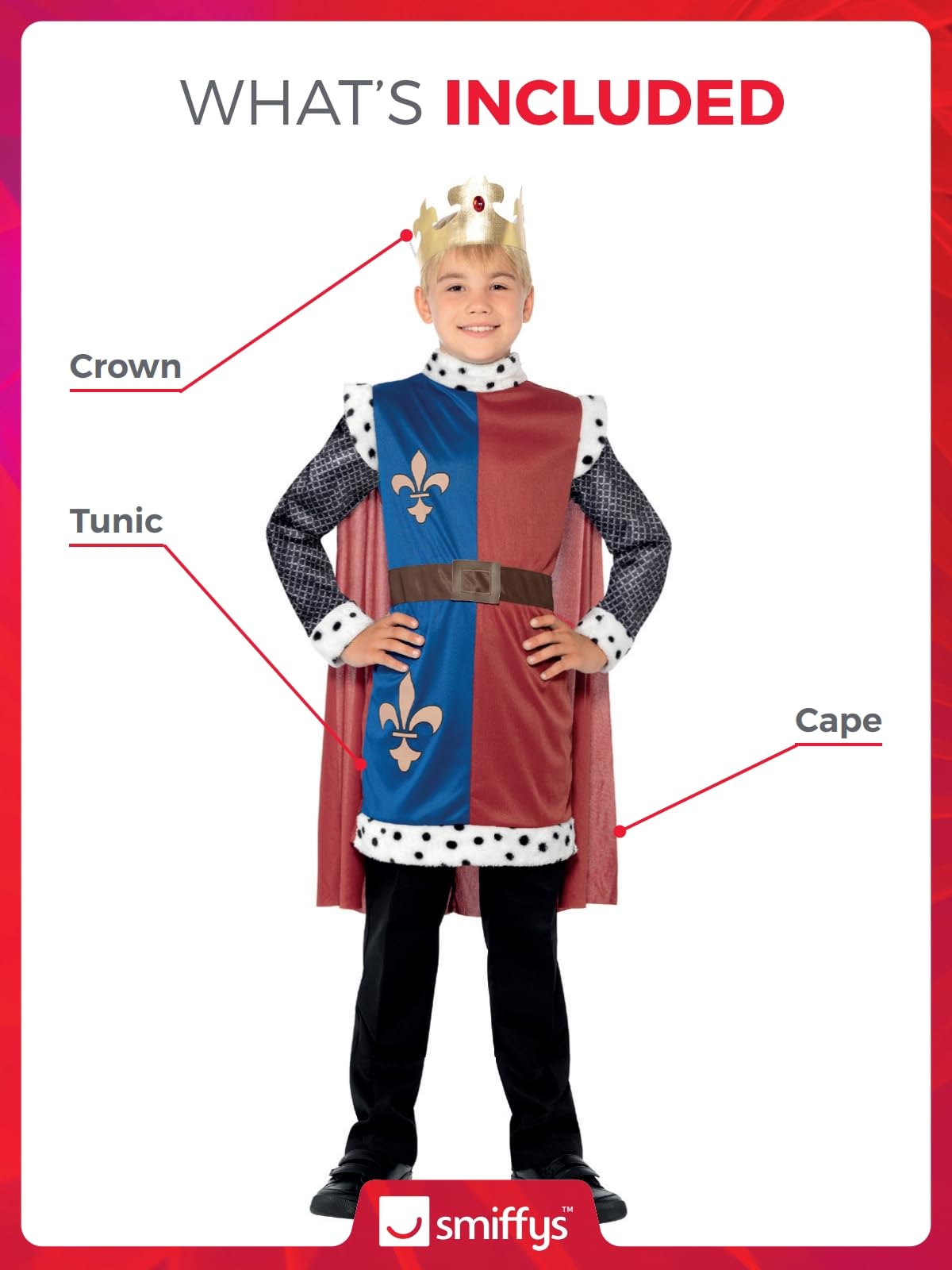 Smiffys King Arthur Medieval Costume - Tunic, Cape & Crown for Boys Ages 4-6 11