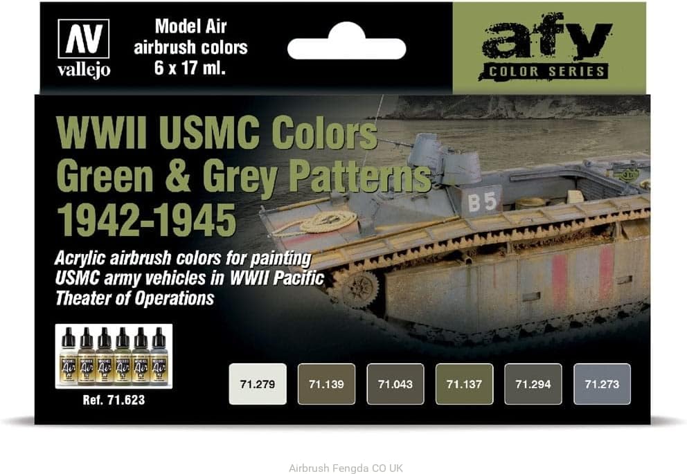 Vallejo VAL71623 Model Air Paint Set - WWII USMC Green & Grey Camouflage Colors