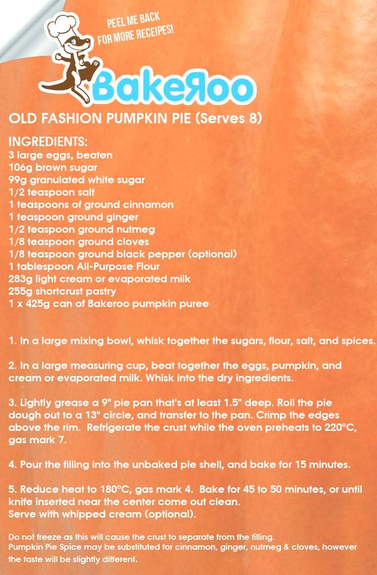 Bakeroo Tinned Pumpkin Puree (Pumpkin Pie Filling), 100% Natural - Pack of 3, 425g Each 3