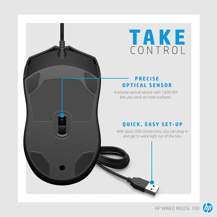 HP 100 Black Wired USB Mouse - 1600 DPI Optical Sensor, Plug-and-Play USB Connectivity, Ergonomic Design for PC, Laptop, Mac