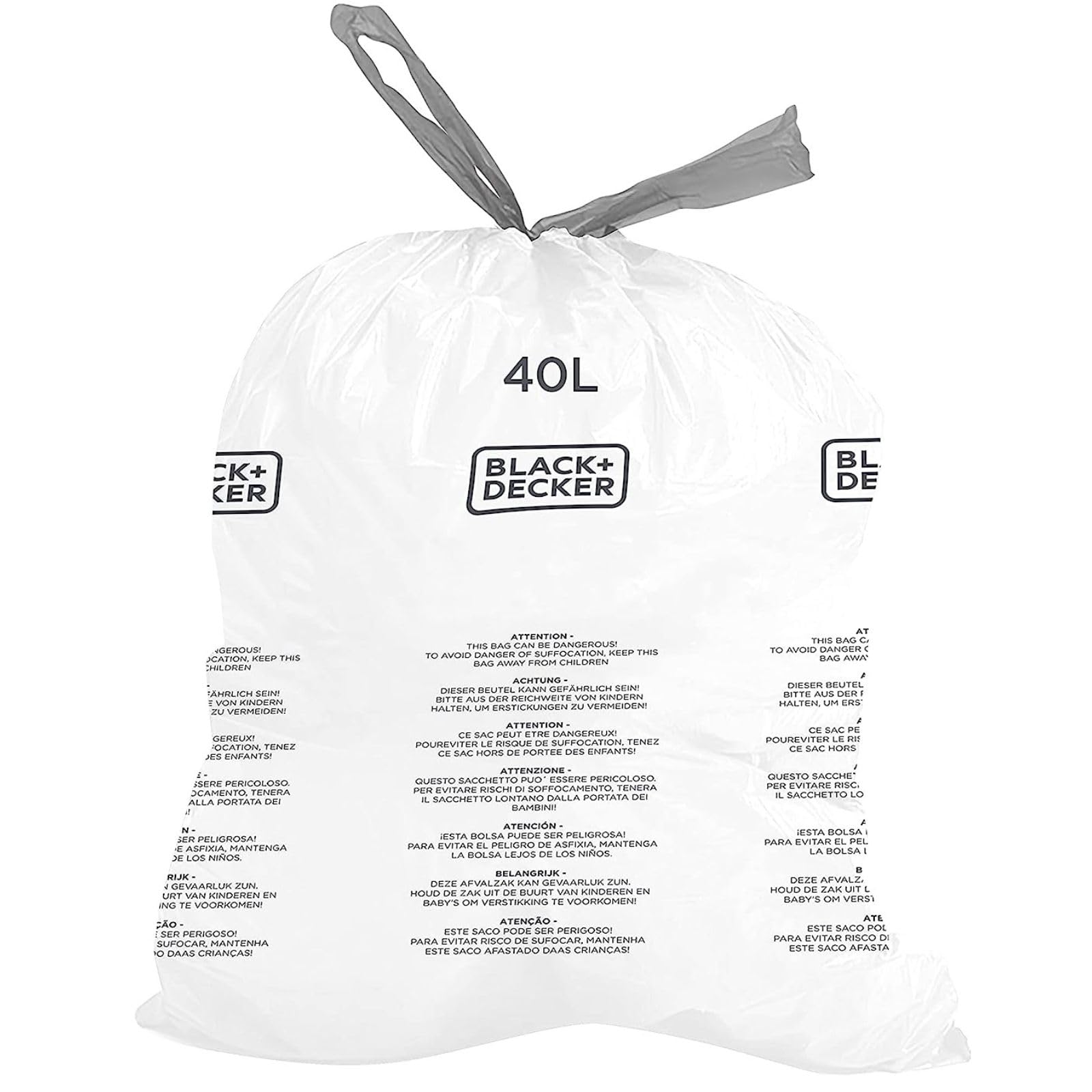 BLACK+DECKER 40L Drawstring Bin Liners - 20 Pack White Bags | Universal Fit 1