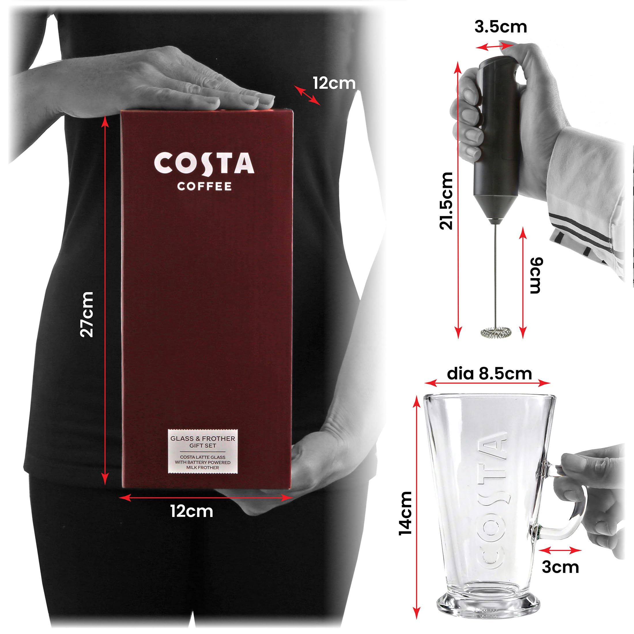 Kimm & Miller Costa Coffee Luxury Gift Set with Latte Glass & Battery-Powered Milk Frother 15