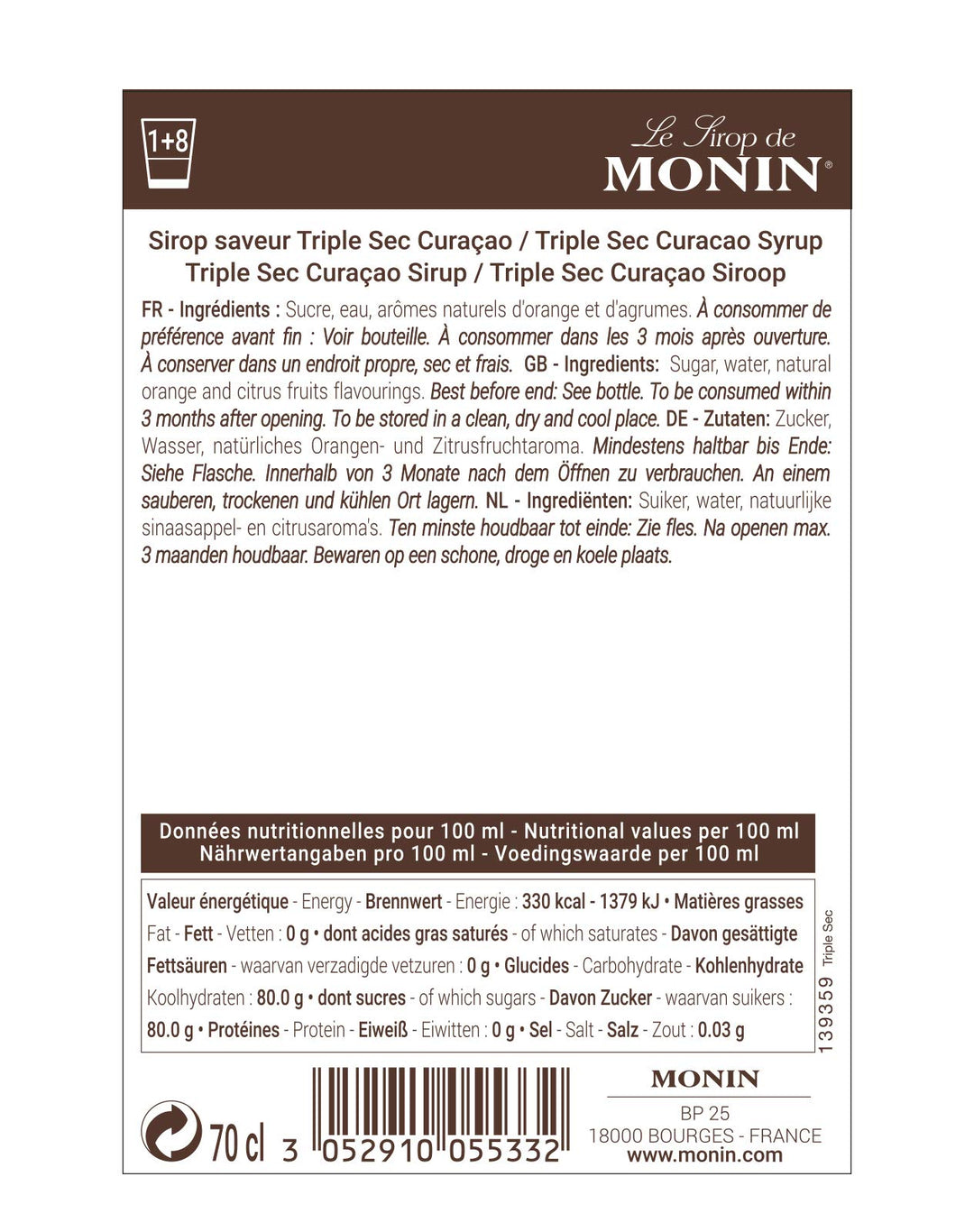 MONIN Premium Triple Sec Curaçao Orange Syrup 700ml - Vegan, Alcohol-Free, Natural Flavouring for Cocktails & Mocktails