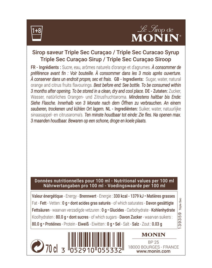 MONIN Premium Triple Sec Curaçao Orange Syrup 700ml - Vegan, Alcohol-Free, Natural Flavouring for Cocktails & Mocktails